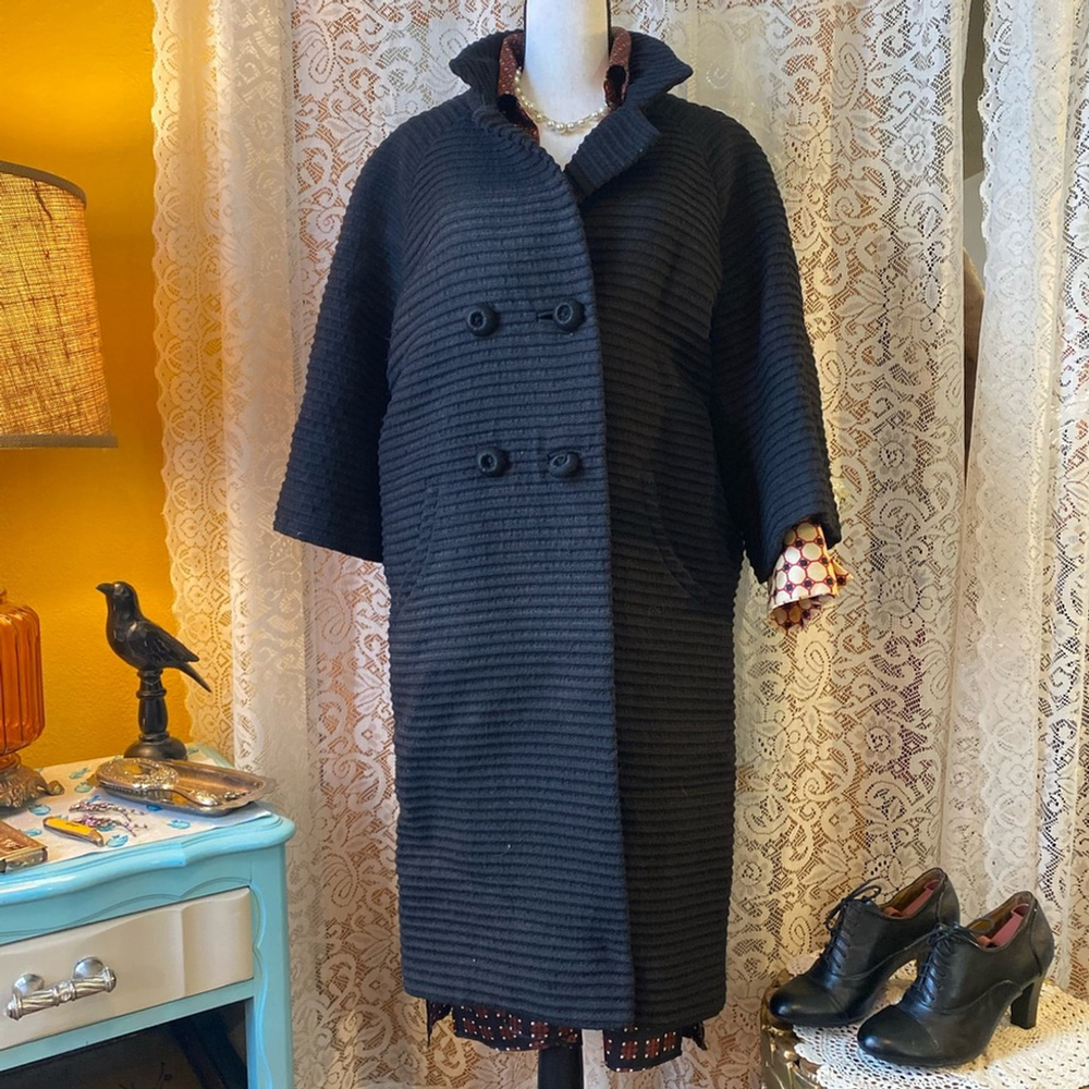 Gorgeous VTG 1960’s Black Mid-Mod Ribbed Wool-Blend Swing Coat - XL - Picture 11 of 11